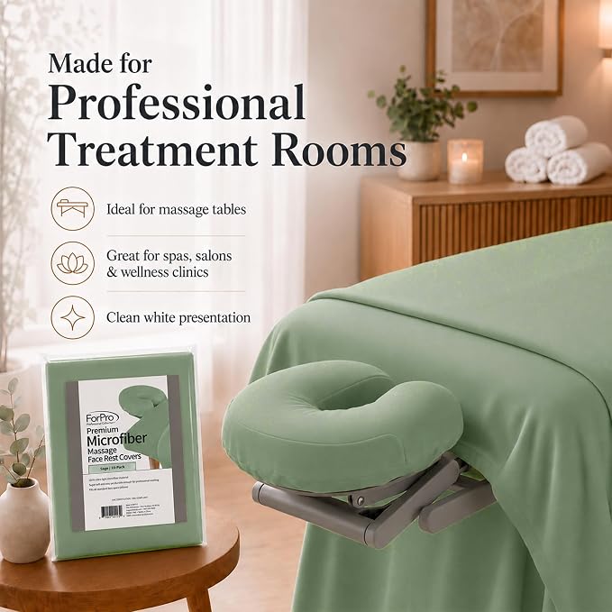 ForPro Premium Microfiber Massage Face Rest Cover, Sage, Ultra-Light, Stain and Wrinkle-Resistant, for Massage Tables, 10-Count