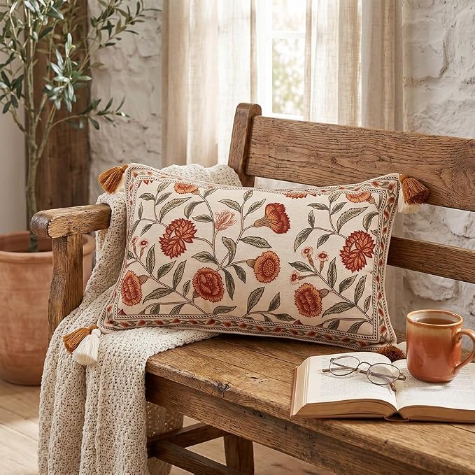 French Elegant Linen Rectangle Throw Pillow Cover,20"x12"-Albano A | Designer Vintage Pillow Cover,Concealed Zipper Design,Orange Floral Pattern,Sofa,Bedroom,Living Room,Lounge Chairs