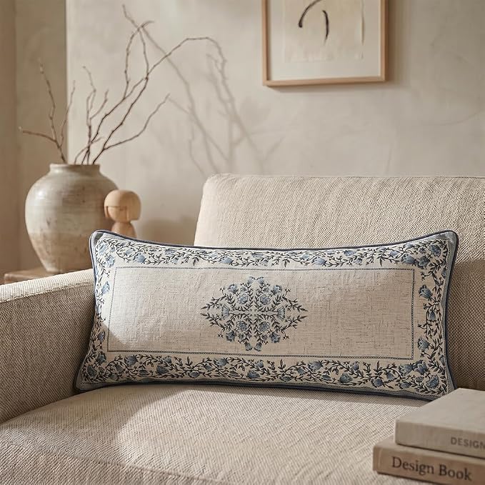 Designer Linen Throw Pillow Cover,Set of 2,28"x12"-Segerman A | Elegant Chinoiserie Rectangle Pillow Cover,Concealed Zipper Design,Floral Pattern,Sofas,Bedroom,Living Room,Lounge Chairs