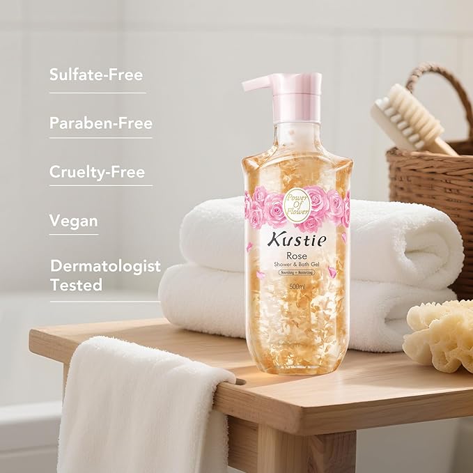 Kustie Rose Petal Body Wash - Real Petals, Rose Water & Essential Oil for Deep Nourishing, Dewy & Silky-Smooth Skin with Hyaluronic Acid, Free From Paraben, Sulfate & Phthalate, 16.9 Fl Oz