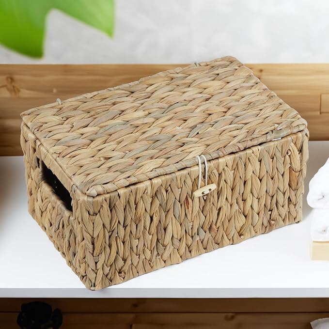 ORDELITE Water Hyacinth Wicker Storage Basket with Lid, Medium | Built-In Handles, Shelf Organizer Bin, Rectangular Woven Box, Multipurpose Home Storage, Natural Decor