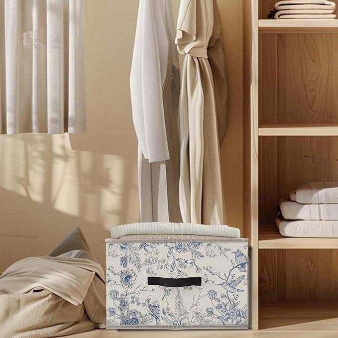 Blue and White Chinoiserie Storage Bins Basket, Vintage Bird Floral Botanical Grandmillennial Collapsible Fabric Storage Box Organizer Toybox for Bedroom Bathroom Clothes Books Toys