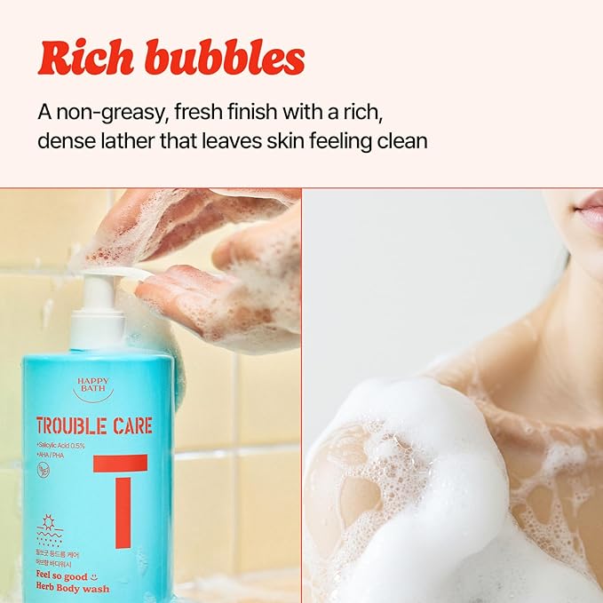 HAPPY BATH Trouble Care Feel So Good Herb Body Wash with Salicylic Acid, AHA & PHA, Mild Exfoliating & Moisturizing Body Cleanser for Acne-Prone Skin, Herbal Grapefruit Scent, 17.6 fl oz