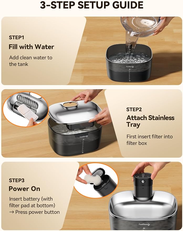 FEELNEEDY Wireless Cat Water Fountain, No Pump for Easy Cleaning, 4000mAh Detachable & Rechargeable Battery, Motion Sensor with Low Water & Power Alerts - Includes 6 Filters (4L/135oz)