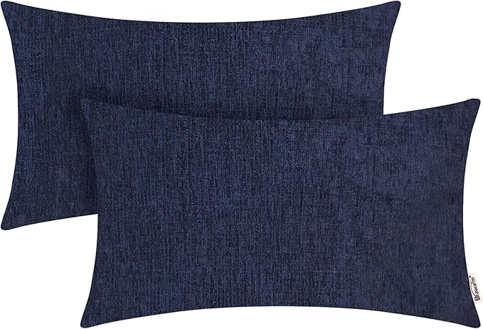 BRAWARM Throw Pillow Covers 12x20 Inches - Navy Blue Chenille Lumbar Pillow Covers Pack of 2, Solid Dyed Soft Chenille Pillow Cases for Couch Sofa Bed Home Decoration