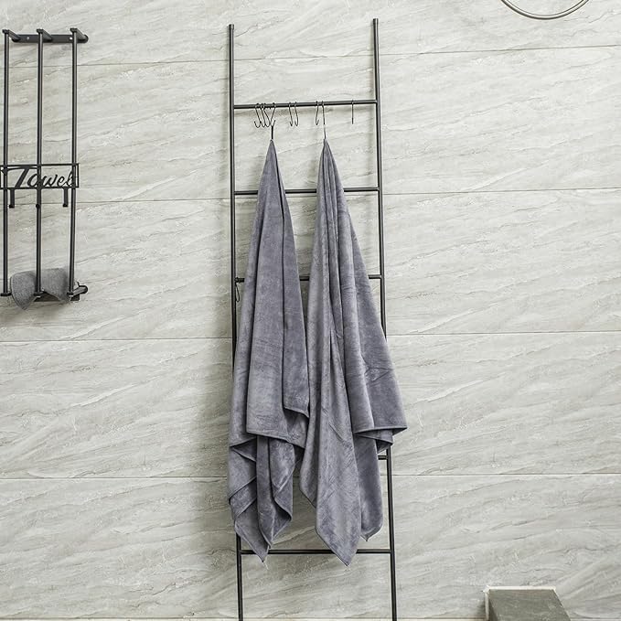 JML Microfiber Bath Towel Set with Hanging Loop, Grey, 30" x 60", 6 Pack | Large, Soft, Absorbent, Fast Drying, Lint Free, Fade Resistant, No Pilling, Lightweight, Compact
