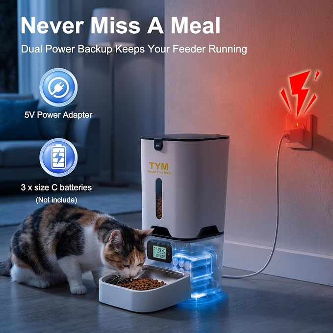 TYM Automatic Cat Feeder, 7L Large-Capacity Cat Food Dispenser with Timer | Easy Controls | 9 Meals/Day | 1-15 Portions/Meal | No App | Ideal for Cats & Small Dogs | Fresh Food | Stainless Steel Bowl