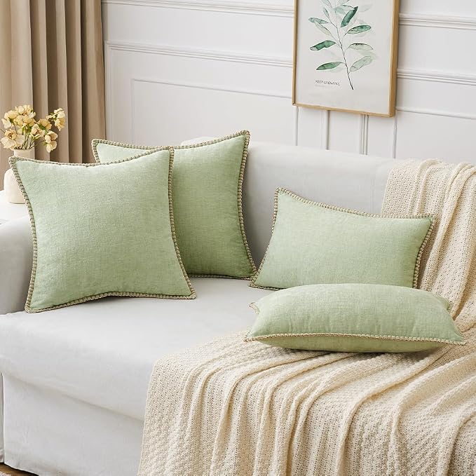 MIULEE Decorative Couch Throw Pillow Covers 18x18 Inch Light Green 2 Pack | Farmhouse Pillow Covers with Stitched Edge, Soft Chenille Cushion Cases, for Sofa Bed Living Room Home Decor