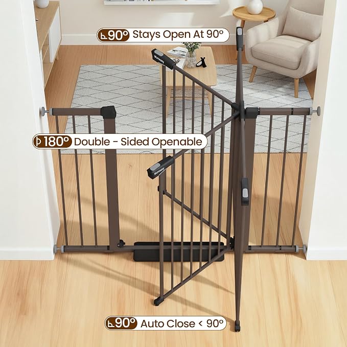 Mumeasy 29.7–48" Baby Gate for Stairs, Dog Gate for Doorways, Auto Close Child Gate, Indoor Safety Pet Gate with Walk Thru Door, Easy Install Pressure Mounted Extra Wide Gate for Kitchen, House, Brown