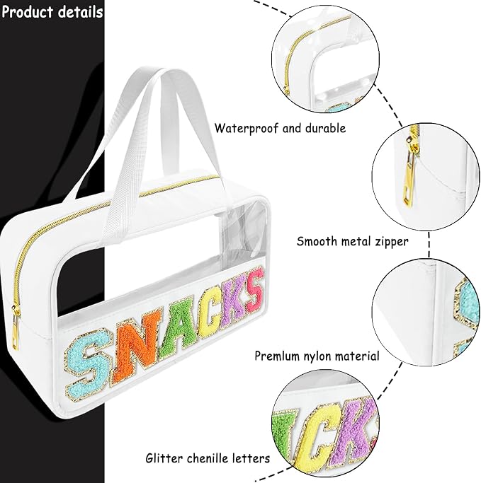 Bunliuys Chenille Letter Clear Makeup Bag Travel Patch, Travel Toiletry Makeup Bag with Handle, Nylon Waterproof Makeup Bags clear cosmetic bag, preppy patch makeup bag for Women (SNACKS-White)