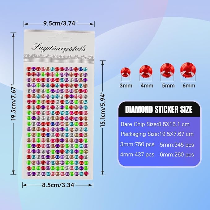 8 Sheets Rhinestone Stickers，3584 Pcs Gem Stickers for DIY Face Eyes Makeup Hair（Colored-3/4/5/6mm）