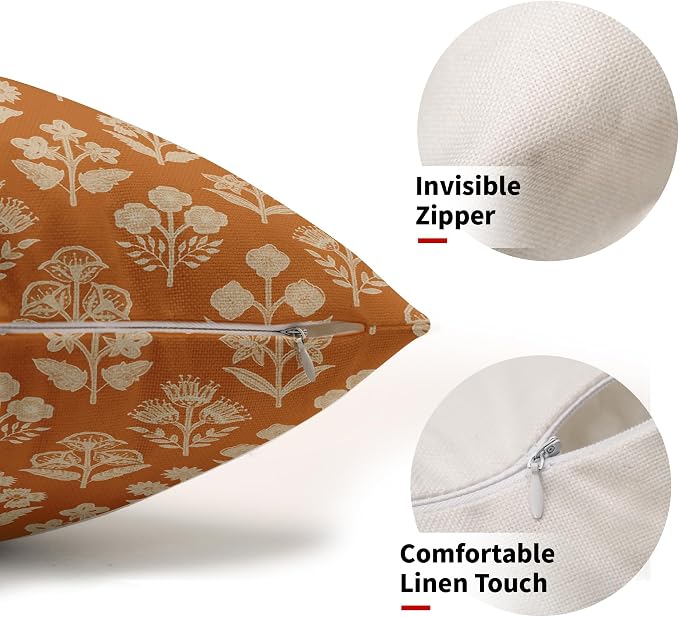 Burnt Orange Pillow Covers 12x20 Inch Set of 2, Cream Floral Block Print Pattern Lumbar Decorative Throw Pillowcases Outdoor Farmhouse Rectangle Cushion Covers Spring Summer Sofa Couch Bed Decor