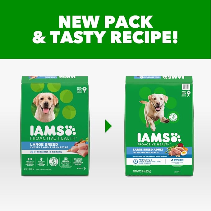 IAMS Proactive Health Large Breed Dry Dog Food, Chicken, 15 lb | Veterinarian-recommended, real chicken #1 ingredient, L-Carnitine for metabolism, Glucosamine & Chondroitin, optimal calcium