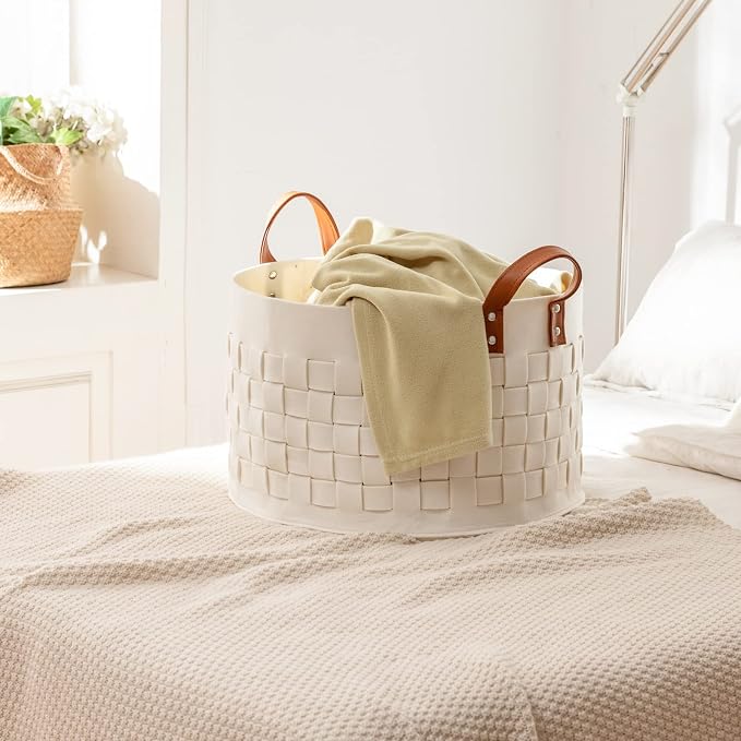 BOLDMONEKY Blankets Basket 20" x20 " x11.8 ", Large Round Laundry Hamper with Leather Handle, Soft Dog Toy Woven Basket for Storage-Beige