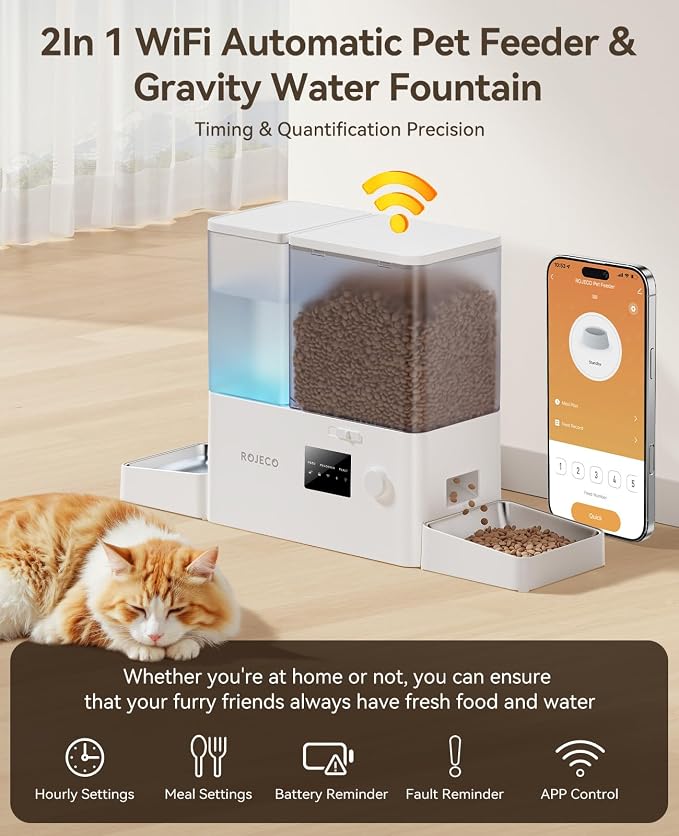 2-in-1 Automatic Cat Feeder & Water Dispenser,WiFi Control Feeding | 2.4G WiFi APP/Timed Feeding/5L Food Feeder,3.5L Water Fountain/Stainless Steel Bowls/Detachable Clean/White