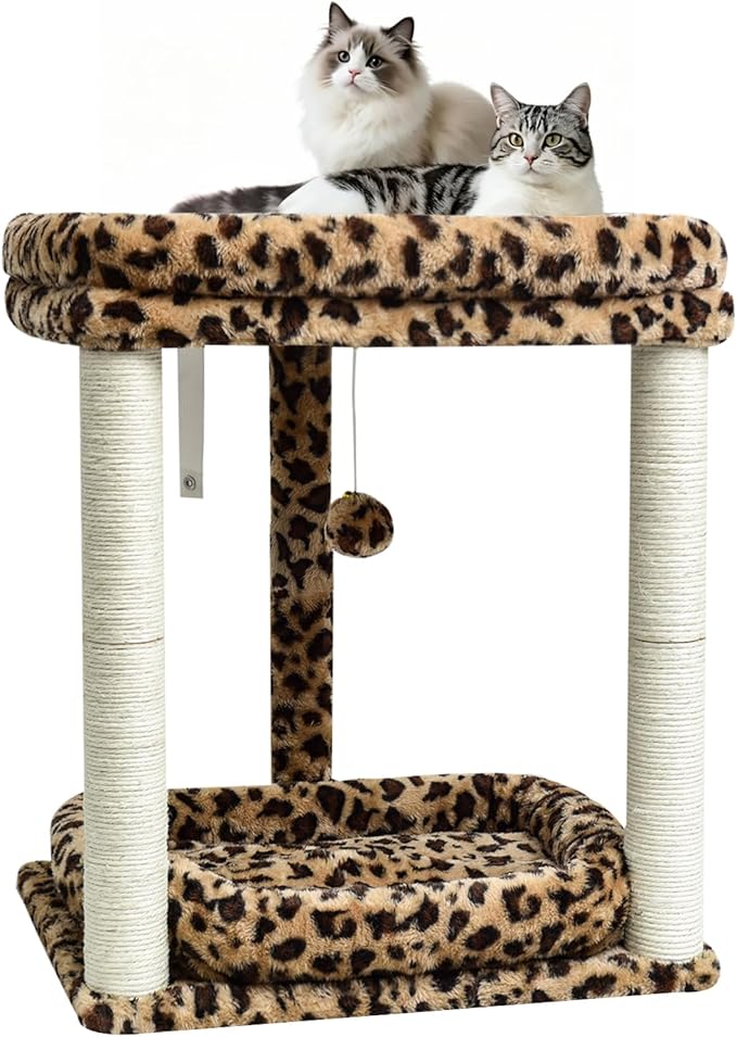 SYANDLVY Leopard Print Cat Tree with 2 Levels Perch Platforms for Kittens | Natural Sisal Scratching Post Tower with Hanging Bell Ball & Anti-Tip Strap, Stable Cat Furniture for Indoor Cats