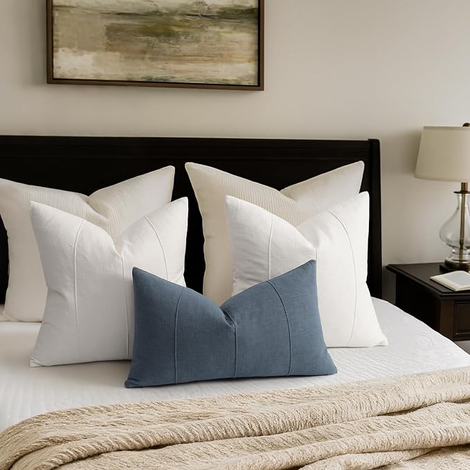Decorative Linen Throw Pillow Covers 26x26 Set of 2 Solid handcrafted Striped Cushion Covers for Bed Soft Modern Farmhouse Neutral Pillowcase for Couch Bedroom Living Room Home Decor(Cream White)