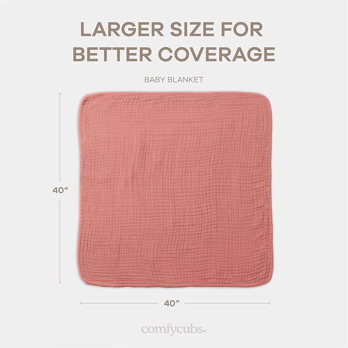 Comfy Cubs Muslin Baby Blanket 40" x 40" L - Swaddle Blankets, Dusty Rose | Soft, Lightweight, 6-Layer Cotton Breathable Baby Blankets - Comfortable, Gentle & Versatile Cotton Baby Blankets for Sleep
