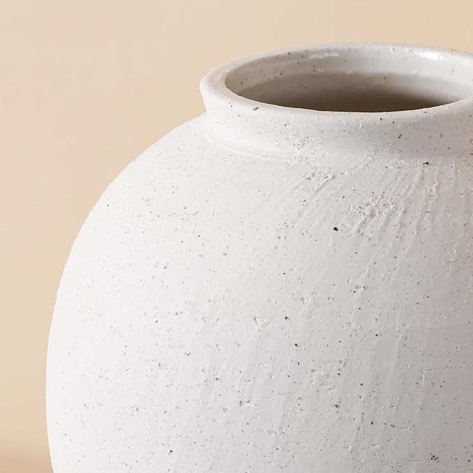 Starttag Large White Ceramic Vase, 9.8 inch Rustic Farmhouse Flowers Vase for Home Decor, Sandstone Texture Round Pottery Tall Vase Indoor for Table Living Room Decor