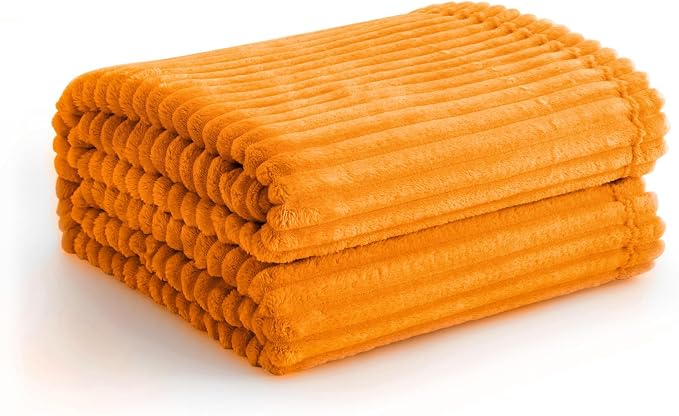 Vessia Flannel Fleece Throw Blanket for Couch,Sofa,Bed, 300GSM Microfiber Light Orange Striped Chair Blanket for Adults and Kids, Super Soft Warm Cozy Lightweight Ribbed Throw for All-Season
