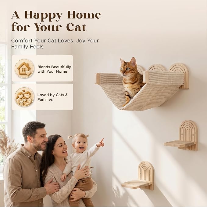 Wall Mounted Cat Hammock Bed with Steps - Wooden Wall Shelf for Cats - Paintable Natural Rubberwood - The Perfect Perch for Cats & Kittens