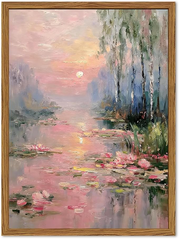 Framed Vintage Monet Canvas Wall Art, Pink Water Lilies Floral Pictures Wall Decor, Impressionist Sunset Landscape Paintings Prints Nature Aesthetic Artwork for Living Room Bedroom 16x24 inch