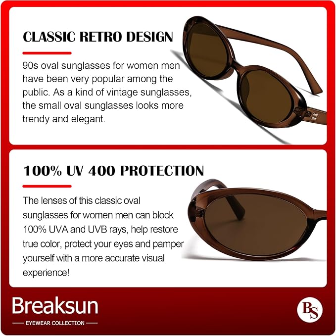 Breaksun Retro Oval Sunglasses for Women Men Fashion Small Oval Sunglasses 90s Vintage Shades