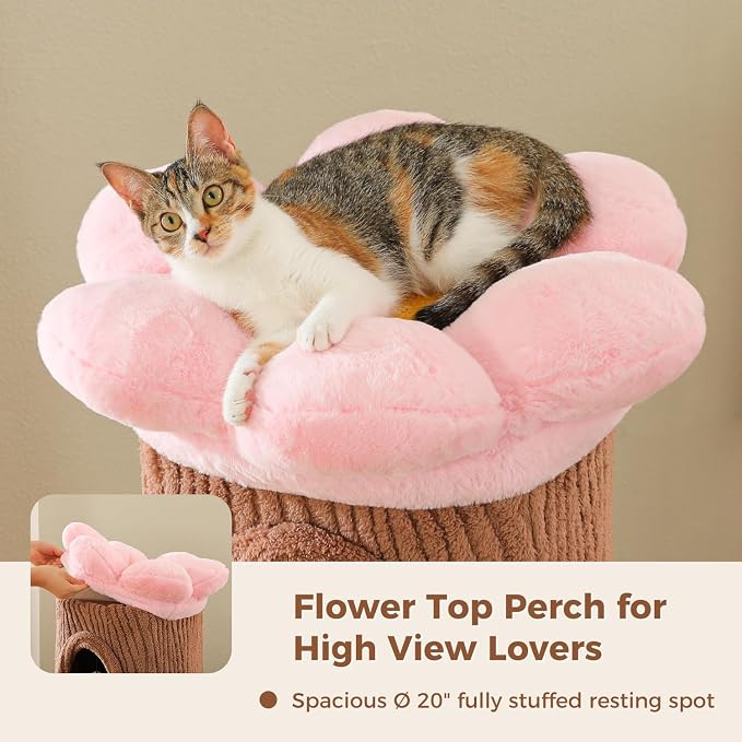 MUTTROS 68.5" Forest Cat Tree Tower with 4 Condos & Flower Top Bed, Brown | Tree-look design, 3.8in thick sisal post, 4 spacious condos, Flower top bed, Heavy duty build, Multi-cat homes