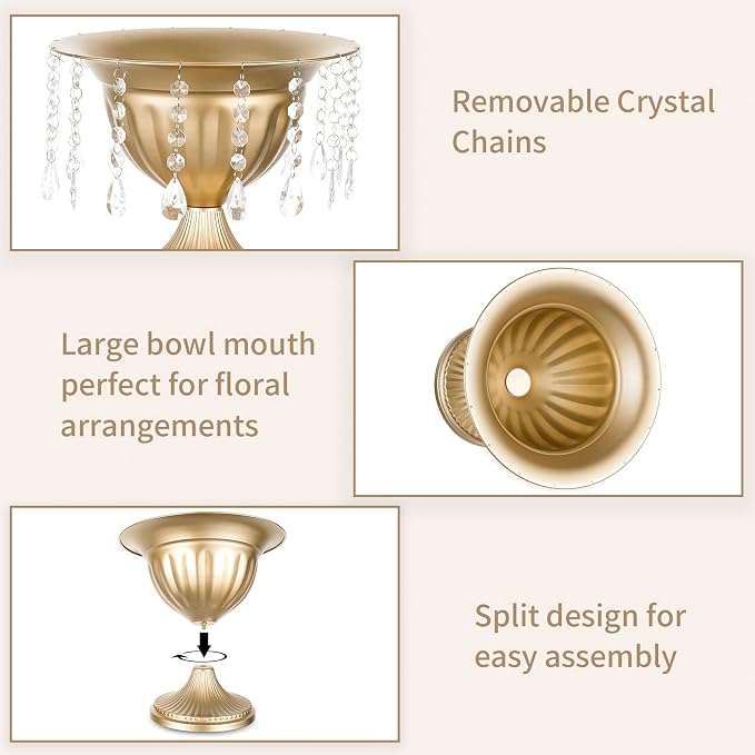 Sziqiqi Gold Urn Vase for Wedding with Crystal Beads, Compote Vase, 2Pcs | 8.6in Tall Metal Large Flower Arrangements, Pedestal Footed Bowl Planter, For Wedding, Party, Event, Birthday, Home Decor