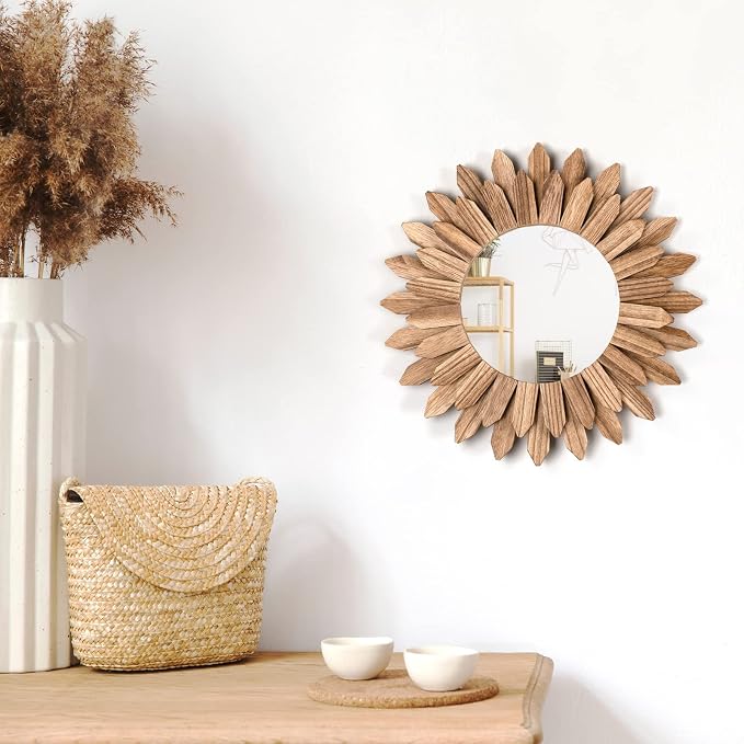 Boho Wall Decor Mirror 2 Pack Rustic Wood Mirror 12 inch Boho Mirror Home Decor Farmhouse Room Decorations for Bedroom Living Room Carbonized Black