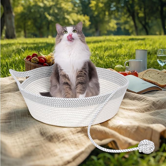 Cat Bed, Cotton Rope Instinct Basket for Cats, Handwoven Cat Beds | Stimuli Handwoven Basket for Cat, Pet Sleeping Bed with Rope Ball, Puppies, Rabbits and Small Pets(Large, Gray & White)