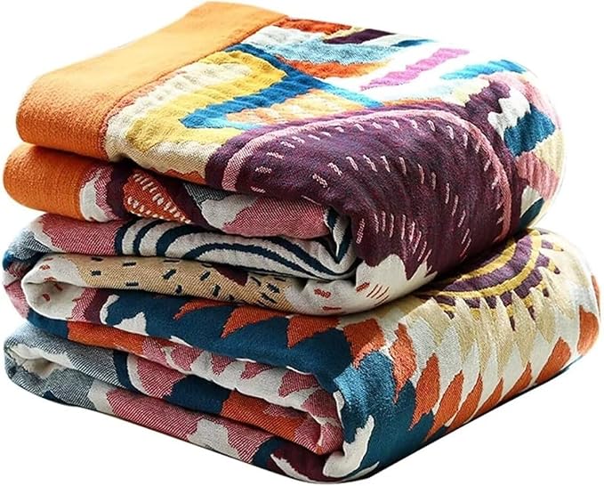Boho Throw Blanket for Bed 100% Cotton Bohemian Blankets Ultra Soft Woven Muslin Decorative Blankets All Seasons Vintage Quilt Knitted Blanket for Sofa Chair (Colorful, 60"x80")