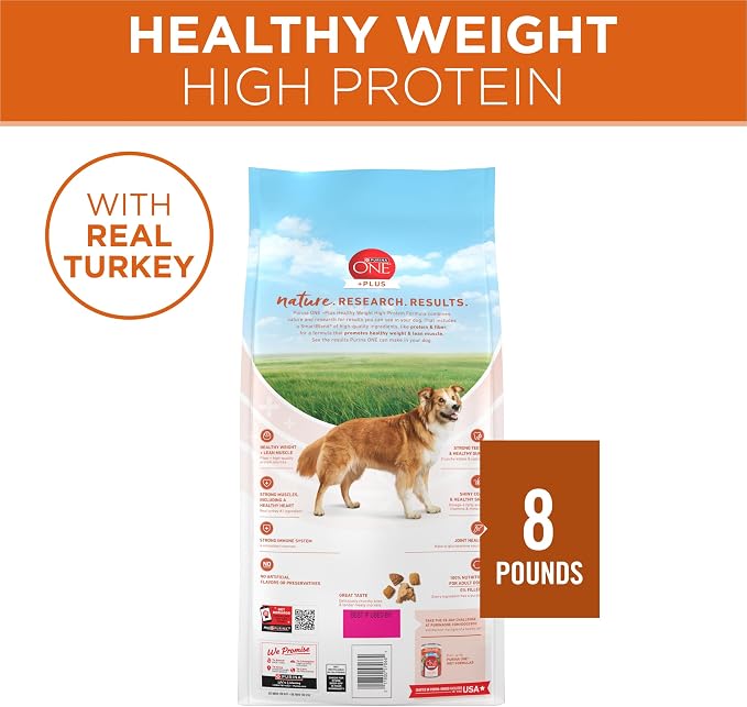 Purina ONE Plus Healthy Weight Dry Dog Food, Real Turkey, 8 lb Bag | High protein dog food for weight control with turkey as the first ingredient, helps promote healthy weight and lean muscle