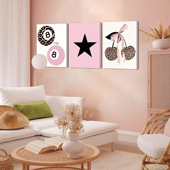Trendy Pink Leopard Bow Canvas Wall Art Set of 3 Funky Cherry Lucky 8 Ball Posters Prints Wall Decor Cute Coquette Preppy Aesthetic Pictures for Girls Bedroom Dorm Apartment 16x24 In Framed