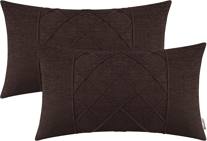 BRAWARM Chenille Throw Pillow Covers 12x20 Inches, Coffee, 2 Pack | Decorative Lumbar Pleated Pillow Covers, Soft Cushion Cases for Sofa Bed Living Room Home Farmhouse (No Insert)