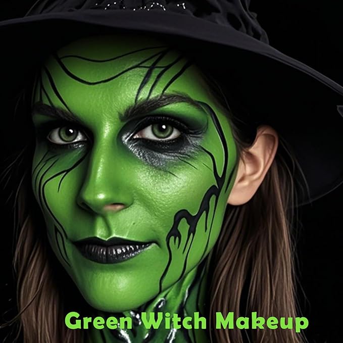 Green Witch Makeup Kit,Black White Green Face Paint + 3PC Sponge + Brush,Zombie Hulk Hunting 3 Colors Body Paint Palette,Safe Halloween Elphaba Costume Frankenstein Cosplay Set for Kids,21g