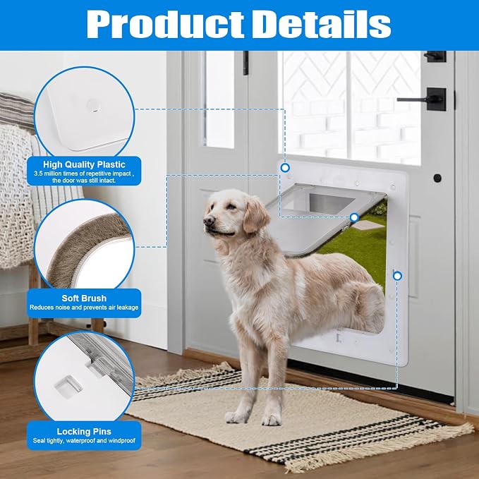 Pet Door, Durable Plastic Dog Door, 16.7”x 11.7'' Inner Frame for Large Dog and Pets, Easy DIY Installation, Suitable for Interior and Exterior Doors, Screen and Wall, White Doggie Door