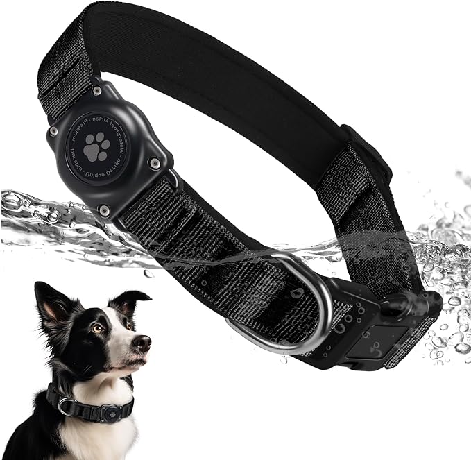 Upgrade Dog Collar with AirTag Holder, IP68 Waterproof, Black, XL | Built-in Water Resistant AirTag holder, 1000D Nylon, Reflective Stitching for Night Visibility, Soft padding for Comfort