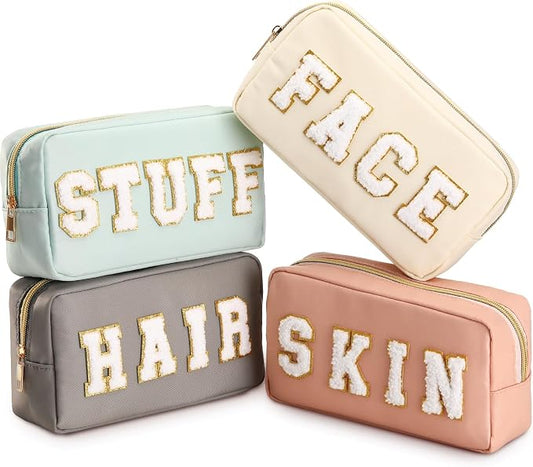 Preppy Makeup Bags Chenille Letter Stuff Bag Nylon Cosmetic Pouch Cases with Zipper for Women Travel Toiletry(Soft Color,Soft,4 Pcs)