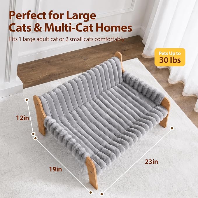 Elevated Cat Couch for Indoor Cats Wooden Cat Sofa for Kitty Puppy | Ultra-Soft Plush Raised Cat Bed,Removable Washable Cat Chair Hammock,Breathable Cat Furniture for Bedside Balcony Living Room