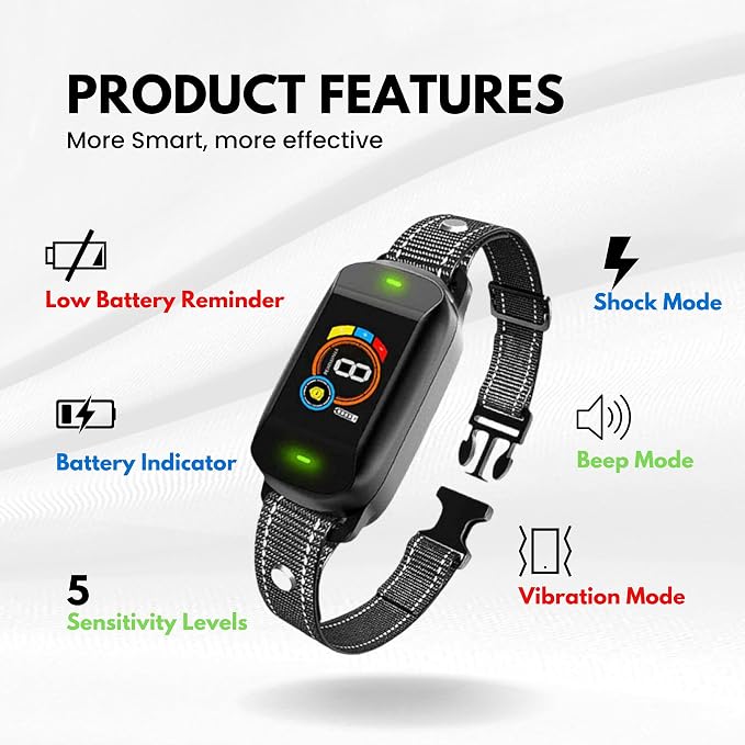 Dog Bark Collar, Rechargeable Smart Collar, Anti Barking Training Collar with 5 Adjustable Sensitivity Beep Vibration Shock, Bark Collar for Large Medium Small Dogs - Black Color Dog Collar