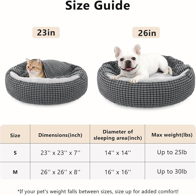 Small Dog Bed with Attached Blanket, Cozy Donut Cuddler Anti-Anxiety Hooded Pet Beds Calming Cave Bed. Orthopedic Round Puppy Beds for Dogs or Cats Washable, Anti-Slip Bottom, 23inch
