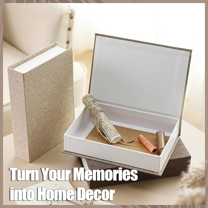 Tioncy 3 Pcs Decor Linen Faux Book Box Set Aesthetic DIY Fake Linen Book Box for Decor Storage Cafe Table Bookshelf Gift Home Keepsake(8.6 x 6.1 x 1.8 Inch,Khaki, Dark Coffee, Light Coffee)