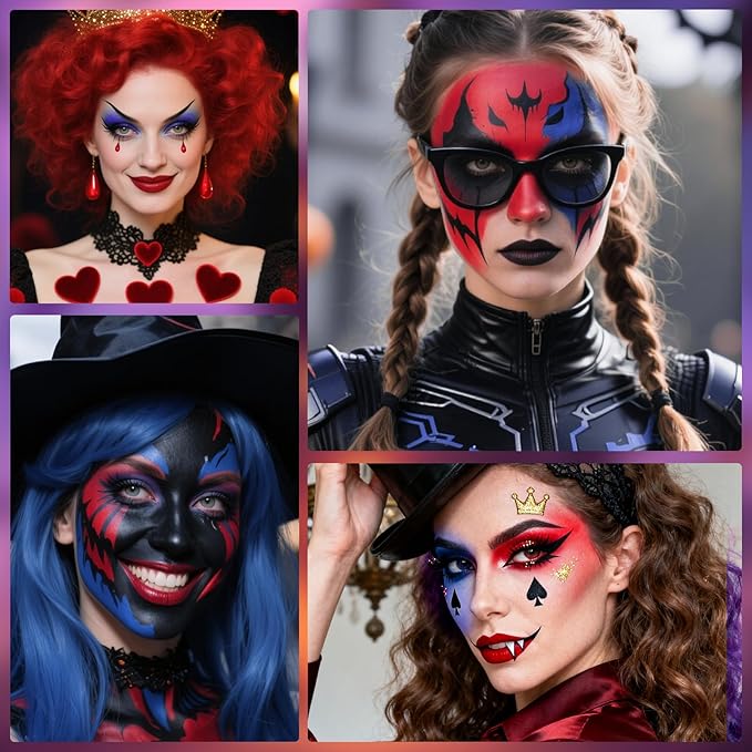 Red Black Blue Oil Based Face Paint Kit with Painting Brushes, Professional Full Coverage Greasepaint for Adults Halloween Cosplay SFX Clown Vampire Skull Makeup Party Theater Stage