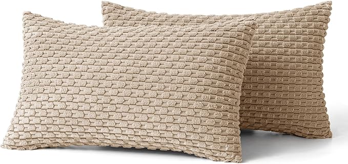 MIULEE Lumbar Decorative Throw Pillow Covers 12x20 Neutral Tan Corduroy | Textured Striped Pack of 2 Striped Pillow Covers Modern Farmhouse Fall Home Decor for Couch Bed Sofa Living Room