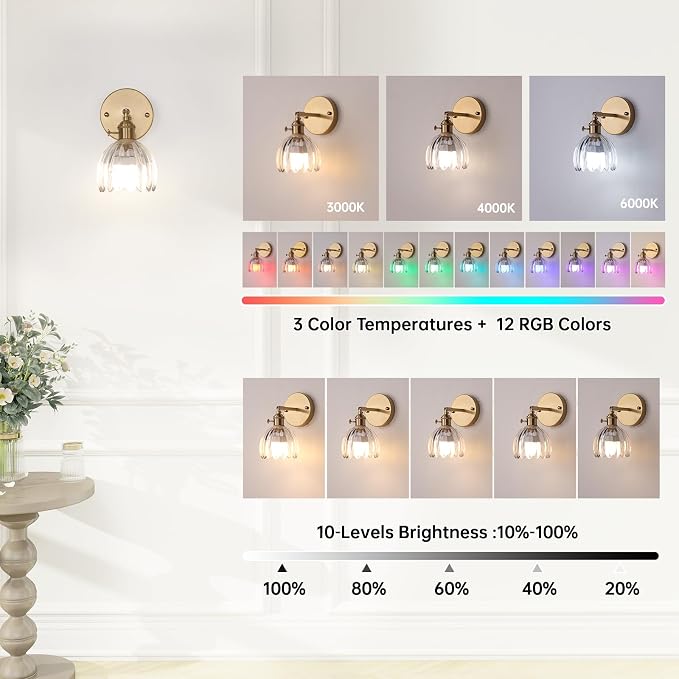 Shenmoyl Vintage Battery Operated Wall Sconce with Transparent Tulip Glass Lampshade Rechargeable Battery Powered Wall Light with Remote Control for Bedside Bedroom Doorway