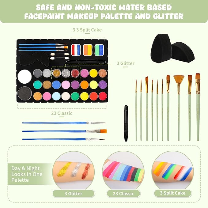 Pintada 26 Color Face Painting Kit for Kids - Non-Toxic Water Activated Face Paint Palette with Brush, Stencils, Gems - For Halloween, Carnivals, Costume Parties, Body Art, Fairs & Creative Events.