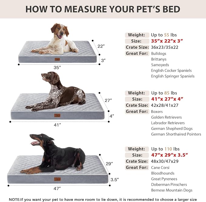 WNPETHOME Orthopedic Waterproof Large Dog Bed for Crate Cozy Sleep | Washable Large Pet Bed with Removable Cover, Multi-Needle Quilting Dogs Crate Beds Light Grey 35x22 Inch