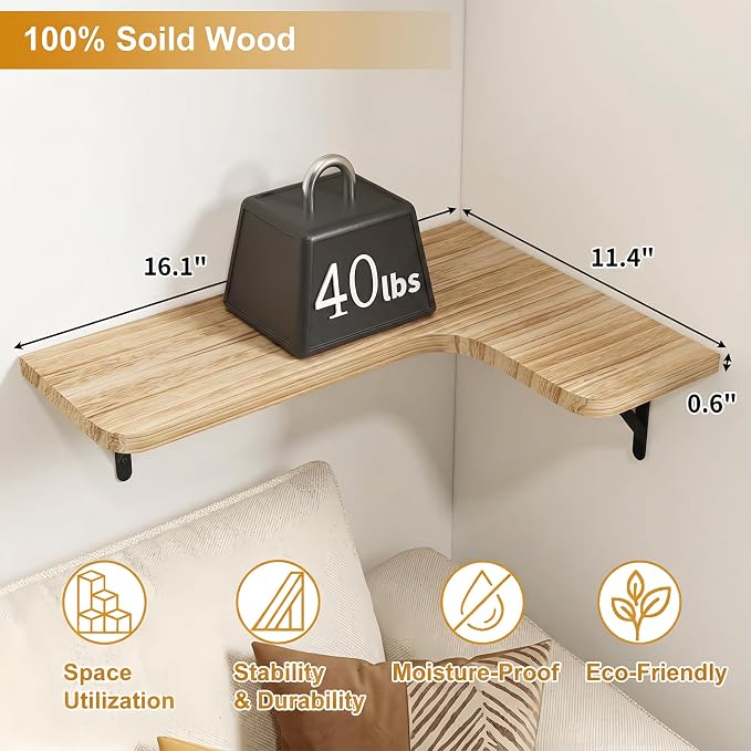 Fixwal Conner Shelves Wall Mounted for Decor, Carbonized Black 5pcs | Solid wood shelf with metal brackets, holds 40 lbs. Optimizes corner storage. Fits bathroom, kitchen, bedroom & living room.