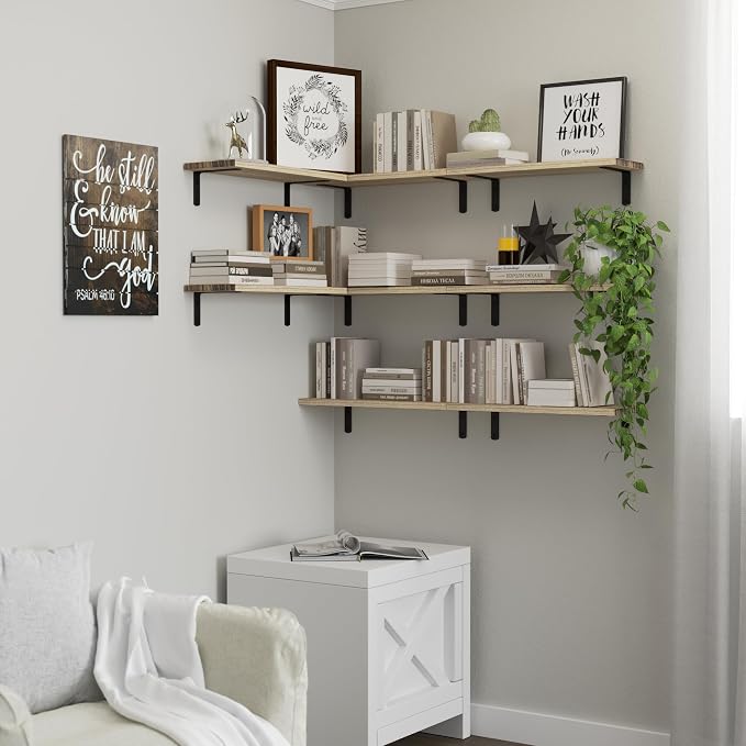 DOLLFIO Floating Shelves, 8 Sets Wall Shelves, Wood Floating Shelves for Bedroom Wall Décor, Wall Mounted Floating Bathroom Shelf for Storage, Floating Book Shelf Living Room – Rustic Brown
